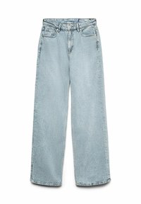 Jeans de pierna ancha de color azul claro, confeccionados en mezclilla. Cuentan con cinco bolsillos, trabillas para cinturón y una superficie texturizada. El dobladillo es recto, ofreciendo un ajuste relajado.