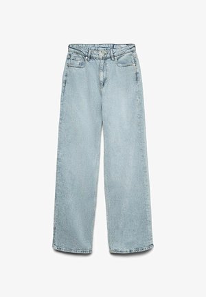 Jasnoniebieskie jeansy o szerokich nogawkach wykonane z dżinsu. Posiadają pięć kieszeni, szlufki na pasek oraz fakturowaną powierzchnię. Nogawki są proste, zapewniając luźne dopasowanie.