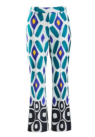 Pantaloni cu un fond alb, decorati cu forme geometrice turcoaz, mov si galben; detalii negre de accent la margine.