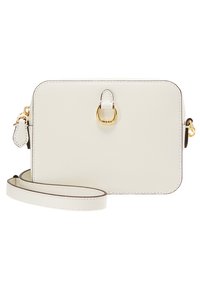 Piccola borsa a tracolla rettangolare bianca con dettaglio a cerchio dorato e tracolla regolabile, realizzata in pelle testurizzata e con bordi cuciti.