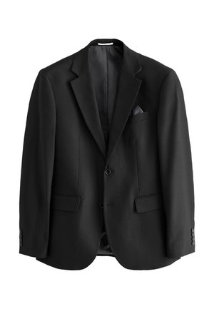 Schwarzer einreihiger Herrenblazer mit Knopflochrevers, zwei Knöpfen, Pattentaschen und einer Brusttasche mit dunklem Einstecktuch.