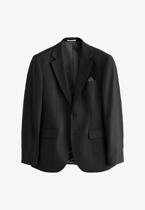Schwarzer einreihiger Herrenblazer mit Knopflochrevers, zwei Knöpfen, Pattentaschen und einer Brusttasche mit dunklem Einstecktuch.
