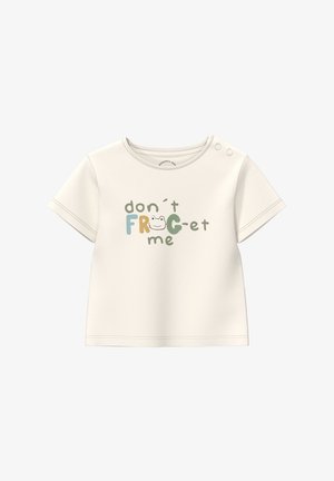 Chemise pour bébé à manches courtes couleur crème avec des boutons-pression sur l'épaule, portant le texte "n'oublie pas la GRENOUILLE" avec un petit visage de grenouille dans le mot.