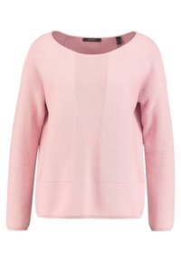 Vaaleanpunainen neulepaita, jossa on pyöreä kaula-aukko, pitkät hihat ja teksturoitu neulekuvio, jossa on keskimmäinen paneeli ja kaksi etutaskua.