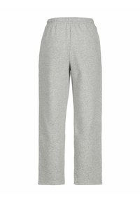 Pantalones sudorosos grises hechos de una mezcla de algodón, con una cintura elástica y un diseño de pierna recta, sin bolsillos ni adornos.