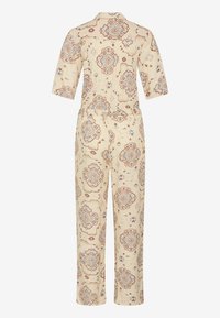 Cream jumpsuit with short sleeves, featuring an intricate blue and brown geometric pattern. Includes a cinched waist and straight leg design.