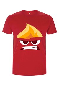 Rød bomulds T-shirt med en tegneseriefigur, der har en flammeformet, gul frisure, store øjne og et vredt ansigtsudtryk.