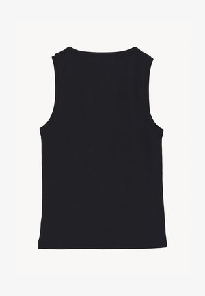 Débardeur noir côtelé sans manches posé à plat, montrant le dos avec un col rond et un ourlet droit.