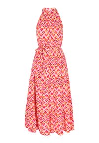 Rochie halter cu motif floral în nuanțe de roz și portocalie, confecționată dintr-un material ușor, prezintă o talie strânsă și o fustă fluidă, în straturi.