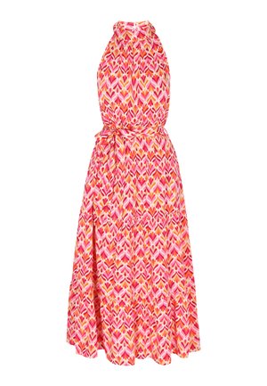 Blomstermønstret halterneckkjole i nuancer af pink og orange, lavet af letvægtsstof, har en indsnævret talje og en flydende, lagdelt nederdel.