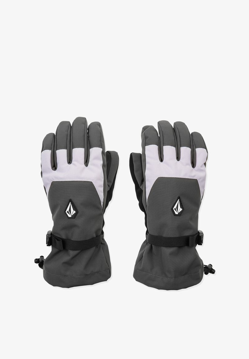 Szare i jasnoszare ocieplane rękawice z gumowanym logo, regulowanym paskiem na nadgarstek oraz wytrzymałą tkaniną, wyposażone w wzmocnioną część na dłoni.