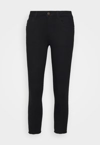 Jeans skinny de ganga preta com cintura média, design de cinco bolsos e bainha desfeita. O tecido é liso com ligeira elasticidade.
