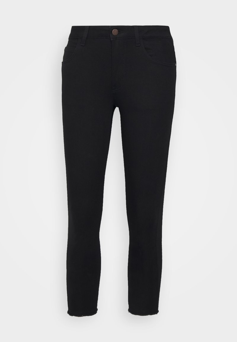 Jeans skinny de ganga preta com cintura média, design de cinco bolsos e bainha desfeita. O tecido é liso com ligeira elasticidade.