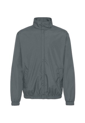 Grijze lichtgewicht jas met hoge kraag, rits aan de voorkant, elastische manchetten en zijzakken. Soepele stof met een lichte glans.