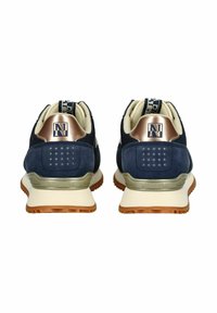 Marineblaue Wildleder- und Mesh-Sneaker mit metallischen bronze Akzenten, einer cremefarbenen Sohle und einem gepolsterten Kragen mit Logo und Durchbrüchen.