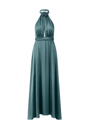 Tüllsatin-Halterkleid in Türkis mit plissiertem Oberteil, floralen Akzenten am Ausschnitt, tailliertem Schnitt und fließendem Rock, der eine elegante Silhouette schafft.