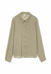 Camicia beige a maniche lunghe con texture a coste, chiusura con bottoni sul davanti e colletto. Presenta un leggero luccichio dato da paillettes in tutto il tessuto.