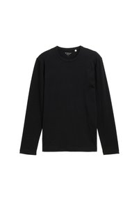Sort langærmet t-shirt lavet af ribbet stof, med rund hals og afslappet pasform uden yderligere mønstre eller udsmykninger.