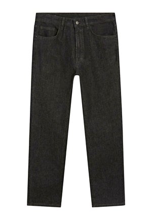 Herrenhose aus schwarzem Denim mit geradem Bein, Gürtelschlaufen, vorderem Knopf, Reißverschluss und fünf sichtbaren Taschen auf weißem Hintergrund.