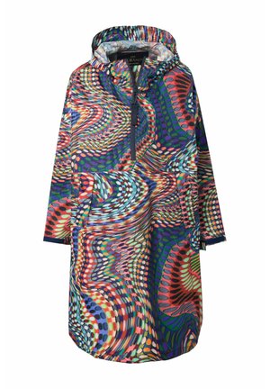 Long hooded raincoat with a colorful abstract pattern featuring swirls and polka dots. Made of lightweight, water-resistant material.
