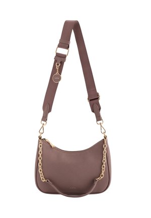 Braune Fake-Leder-Schultertasche mit goldener Kettenakzent und verstellbarem Tragegurt. Verfügt über einen Reißverschluss oben und ein Logodetail auf der Vorderseite.