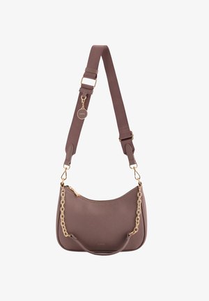 Braune Fake-Leder-Schultertasche mit goldener Kettenakzent und verstellbarem Tragegurt. Verfügt über einen Reißverschluss oben und ein Logodetail auf der Vorderseite.