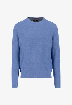 Blauwe gebreide trui met een ronde hals, lange mouwen en geribbelde boorden en zoom. De stof heeft een subtiel geometrisch patroon.