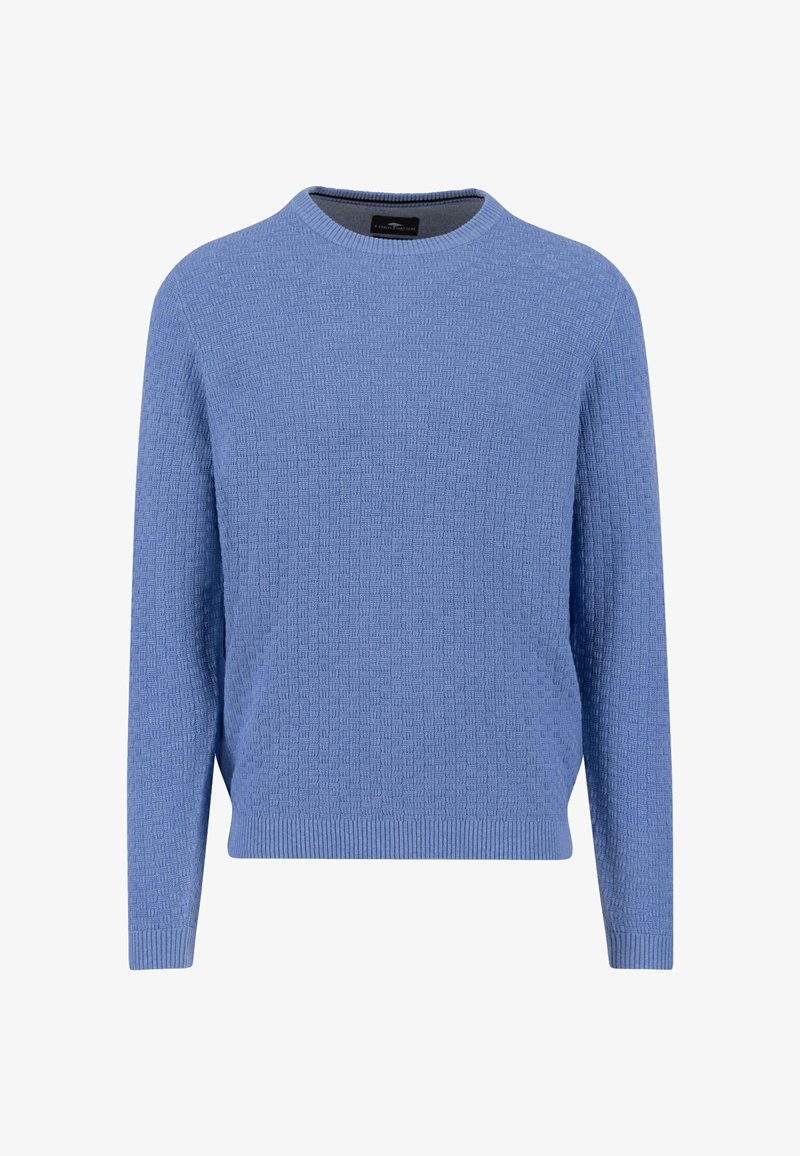 Blauwe gebreide trui met een ronde hals, lange mouwen en geribbelde boorden en zoom. De stof heeft een subtiel geometrisch patroon.