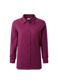Maroon long-sleeve shirt with button-up front, collar, chest pocket, and cuffs. Made from a smooth fabric with a soft texture.