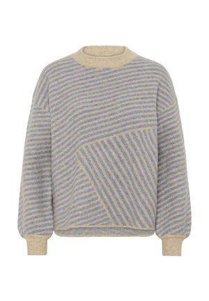 Pull en maille beige et bleu clair à rayures avec motifs diagonaux et horizontaux mélangés, encolure ronde, manches longues et poignets côtelés.
