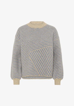 Pull en maille beige et bleu clair à rayures avec motifs diagonaux et horizontaux mélangés, encolure ronde, manches longues et poignets côtelés.