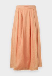 Μίντι φούστα σε ροδακινί χρώμα, ψηλόμεση με πιέτες και ίσια μέση από ελαφρύ ύφασμα.