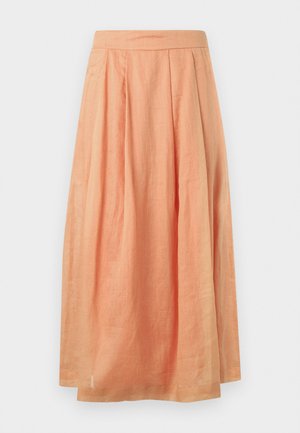 Jupe midi taille haute couleur pêche avec plis et ceinture droite en tissu léger.