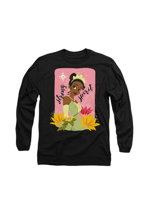 Black long-sleeve shirt featuring an illustration of a woman in a green dress, surrounded by yellow and pink flowers and the text "strong spirit."
