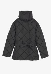 Black quilted puffer jacket with a high collar, belted waist, and diamond pattern. Features long sleeves and a smooth texture.