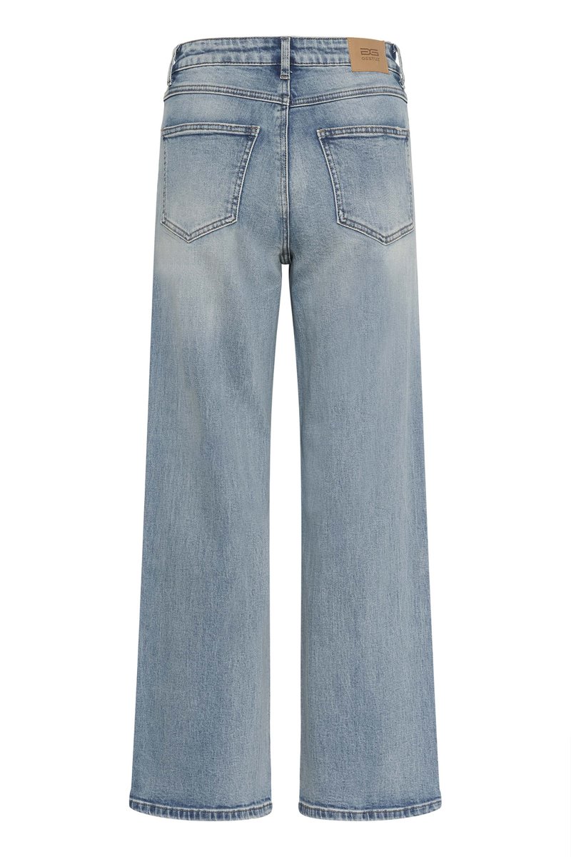 Jean en denim bleu clair à jambes larges, doté d'une taille haute, de deux poches arrière et d'un ourlet cousu pour une durabilité renforcée.