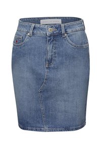 Mini-jupe en denim bleu avec cinq poches, fermeture par bouton et détails de coutures visibles, étiquetée « Street One Studio » à l'intérieur de la ceinture.