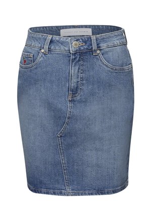 Blå denim miniskørt med fem lommer, knaplukning og synlige syningsdetaljer, mærket "Street One Studio" indvendigt i linningen.