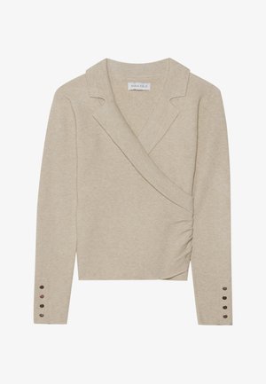 Beige knitted cardigan with a wrap design, collar, and long sleeves. Features gathered side and four decorative buttons on each sleeve.