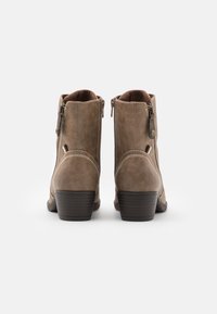 Une paire de bottines marron avec des talons empilés, des zips sur les côtés et des coutures blanches visibles, présentées de dos sur fond blanc.