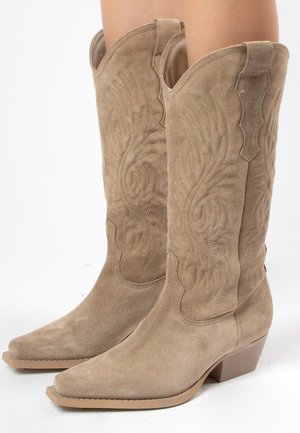 Beige suede cowboy boots with decorative stitching, pointed toes, and low stacked heels worn on bare legs.