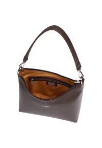 Braune, strukturierte Lederhandtasche mit einem kurzen Griff. Das Innere ist beige mit einer Reißverschlusstasche und einem Markenetikett. Verfügt über silberne Hardware-Details.