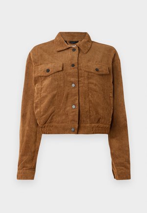 Brown corduroy cropped jacket with front snap buttons, two flap chest pockets, and long sleeves on a white background.