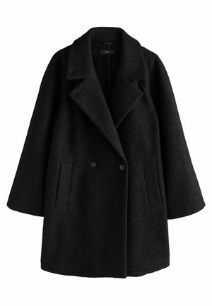 Černý dvouřadý vlněný kabát s širokými klopami, dvěma předními kapsami a volným, mírně oversized střihem.
