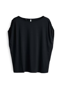 Schwarzes kurzärmeliges Oberteil mit lockerer Passform, rundem Ausschnitt, gerafften Schulterdetails und einem kleinen Schlitz hinten.