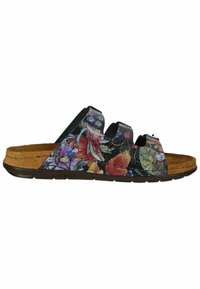 Floral-patterned slide sandal with black synthetic straps, cork footbed, and rubber sole. Features three adjustable straps for fit.