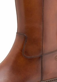 Stivale in pelle marrone con una texture liscia, caratterizzato da una cucitura laterale e un logo distintivo sul lato inferiore. Design elegante e alto.