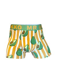 Herre boxer shorts med et grønt avocado mønster på en gul og hvid stribet baggrund. Elastisk talje har "MR U" tekst i orange.