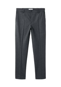 Szare spodnie w paski pinstripe, wykonane z gładkiej tkaniny. Posiadają przednie zakładki, zapięcie na guzik oraz szlufki na pasek. Krój dopasowany, nogawki proste.