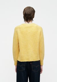 Osoba s kratkom smeškom smešnim smeškom u žutom pletenom džemperu i tamnoplavim farmerkama, stoji okrenuta leđima prema kameri na beloj pozadini.